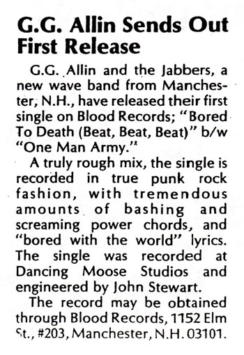 GG Allin & The Jabbers Bored To Death